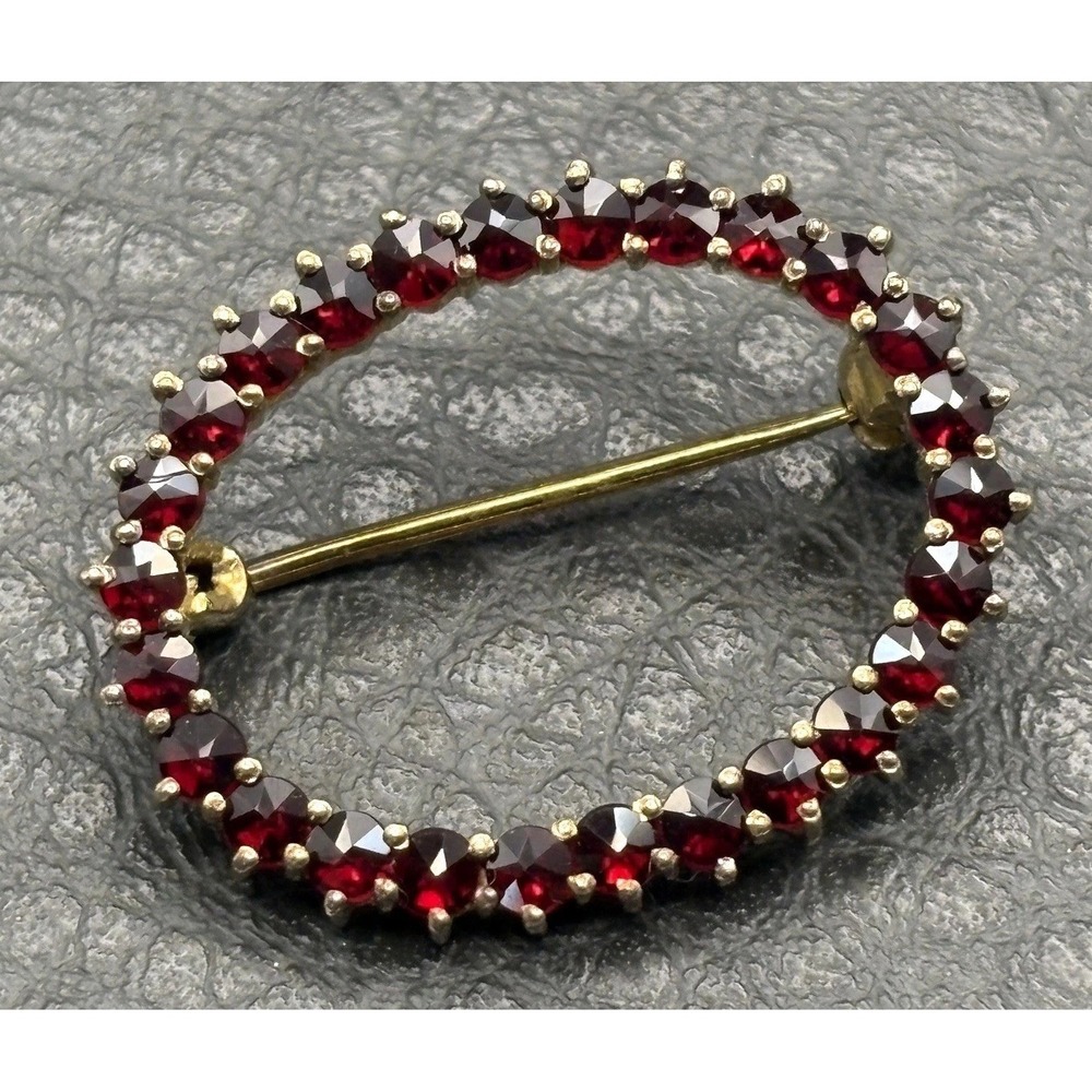 Vintage Victorian Vermeil 900 Silver Bohemian Garnet Stone Open Circle Brooch